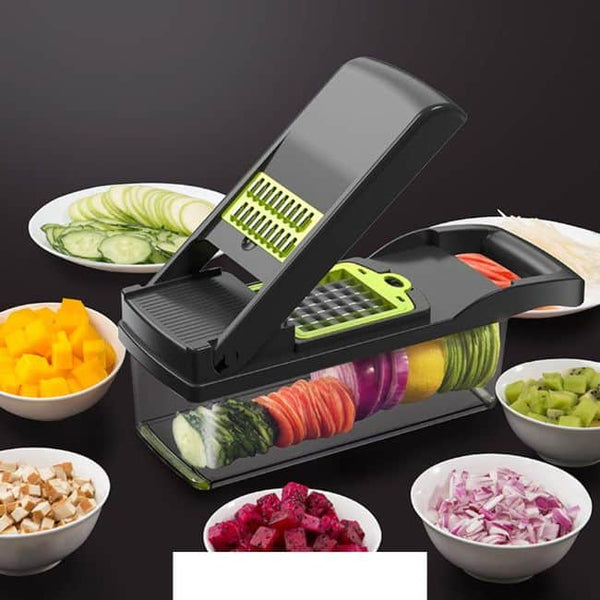 14 Piece Multifunctional Vegetable Slicer with various sliced vegetables on display.