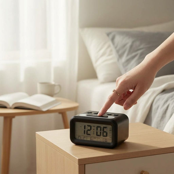 Digital Alarm Clock with Night Light on bedside table with a hand adjusting the time.