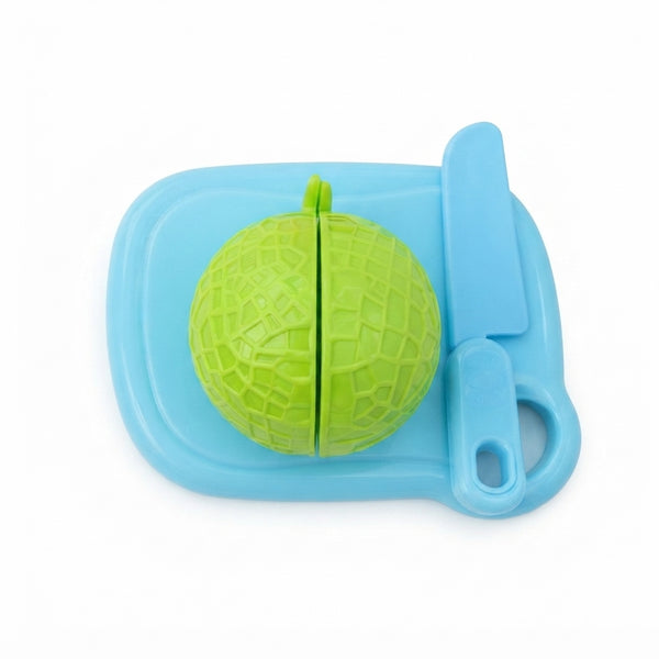 Playful Produce Cutting Set with green melon on blue cutting board and toy knife for imaginative play.