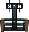 Modern Glass TV Stand with tempered glass shelves and sturdy frame, designed for flat-screen TVs.