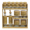 Glass Spice Jar Set with Bamboo Stand featuring 12 jars organized on a wooden two-tier stand.