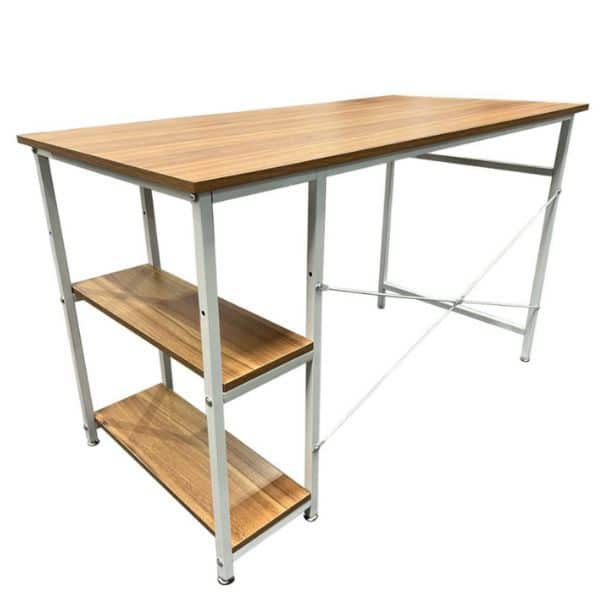 Compact Industrial Wooden Computer Desk with Shelves showcasing spacious tabletop and built-in shelving for enhanced organization.