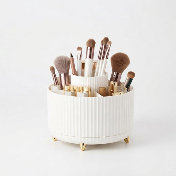 360-Degree Rotating Desktop Storage Bucket with makeup brushes on a modern white ribbed organizer.