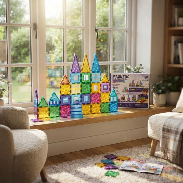 Colorful 3D structures made from the 40-Piece Translucent Magnetic Building Tiles Set on a windowsill.