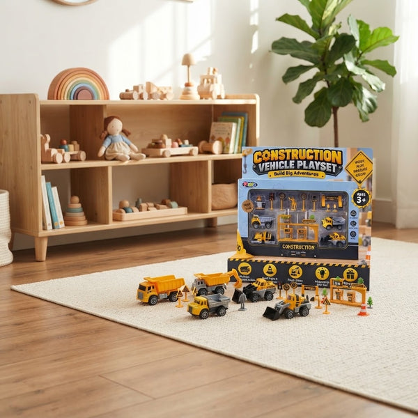 Construction Vehicle Playset displayed with toy vehicles in a bright playroom, encouraging imaginative construction play.