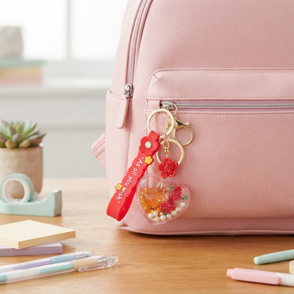 Heart-Shaped Liquid Glitter Keychain attached to a pink backpack, showcasing colorful glitter and decorative elements.