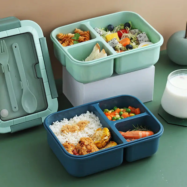 3-Compartment Microwave-Safe Bento Lunch Container with assorted meals and vegetables.