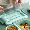 Person opening the lid of a 3-Compartment Microwave-Safe Bento Lunch Container with utensils.