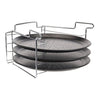 3 Pieces Of Non-Stick Round Pizza Pan Tray With Rack displayed stacked on a chrome rack for easy storage and organization.