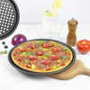 3 Pieces Of Non-Stick Round Pizza Pan Tray With Rack displaying a freshly baked pizza with vegetables and tomatoes.