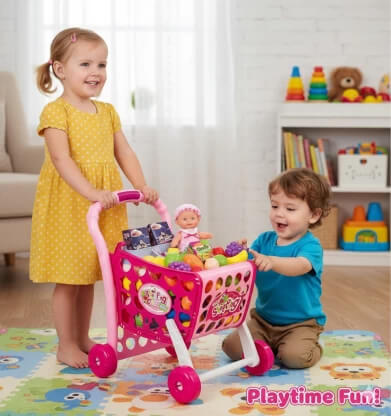 Kids playing with the 3 in 1 Shopping Cart Kids Pretend Play Trolley Toy Set filled with toys and groceries.