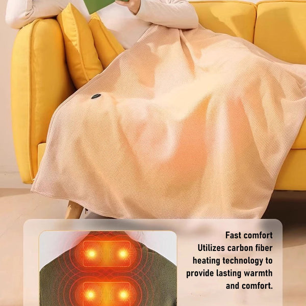Person relaxing on a couch with a Portable Wearable Electric Heated Shawl Blanket showcasing built-in heating technology.