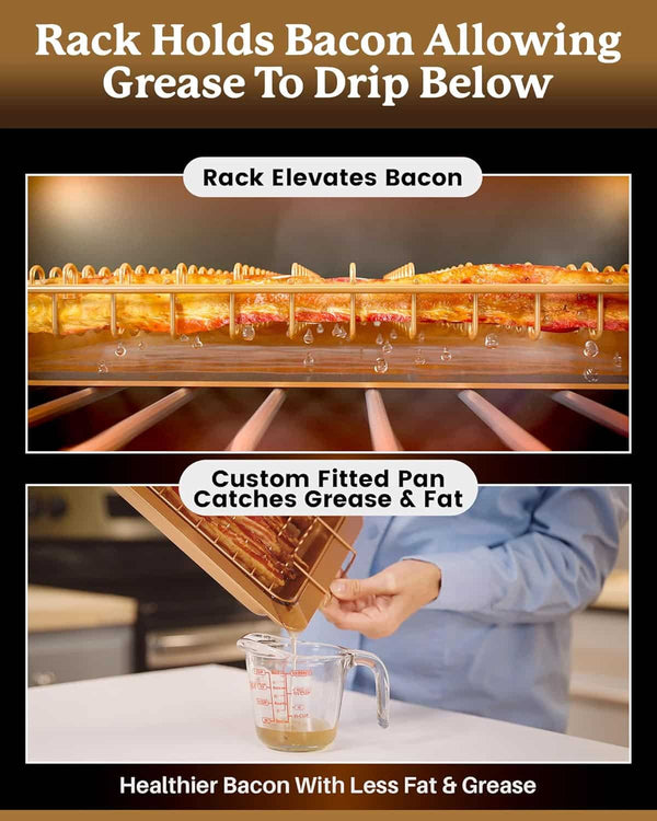 Copper Bacon Bonanza rack elevates bacon to reduce grease while cooking, ensuring healthier bacon with less fat and grease.