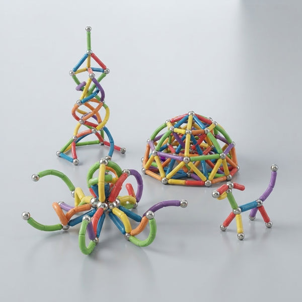Flexible Magnetic Building Rods Set showcasing colorful 3D structures made from flexible magnetic rods.