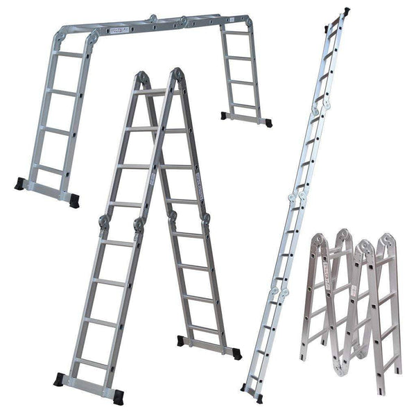 3.2M Aluminium Multi-Purpose Ladder showing versatile configurations for various uses and compact storage.
