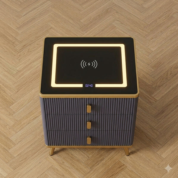 Smart Wireless Charging Bedside Table with Speakers featuring a glowing wireless charging pad and digital clock display.