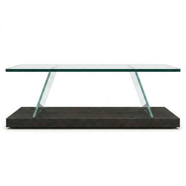 Modern Glass Top Coffee Table featuring clear tempered glass and dark wood-look base for a contemporary living room.