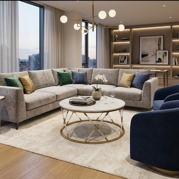 Modern living room featuring a Marble Top Coffee Table with a stylish sectional couch and decorative elements.