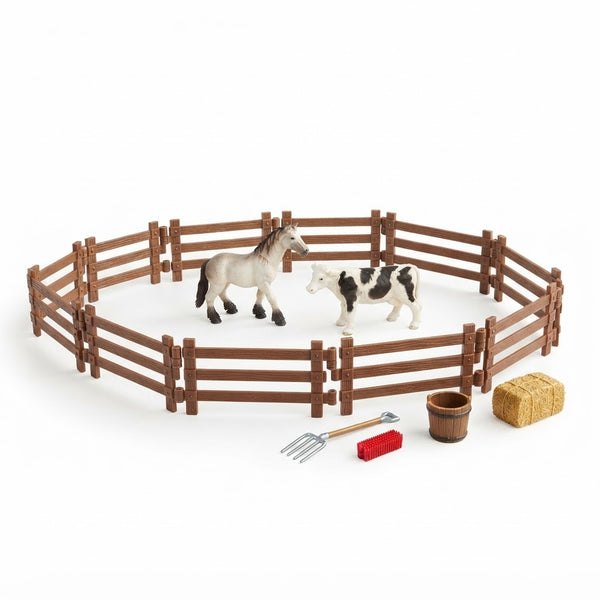 Farm Assembly Animal Fence Building Play Set with horses, cows, and accessories for imaginative play.