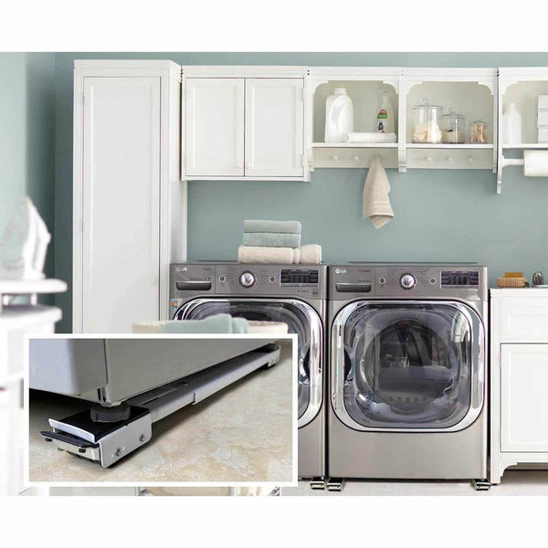 Extendable Appliance Rollers Moving Wheels Trolley shown with modern appliances in a stylish laundry room.