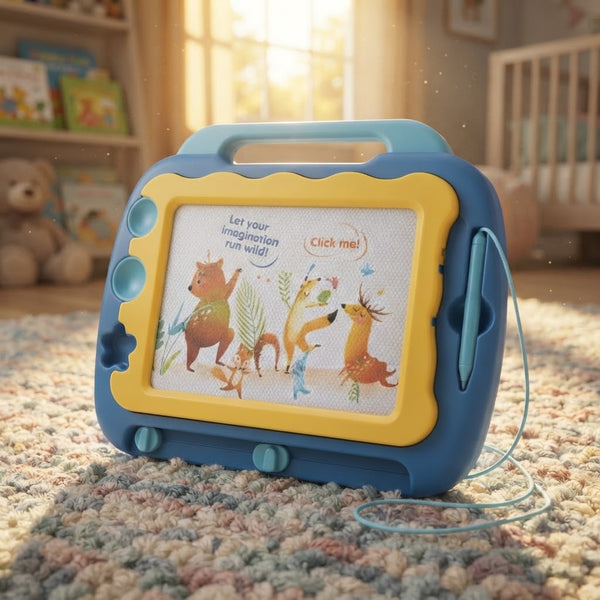 Magnetic Drawing Board with Carry Handle featuring a colorful design and fun animal shapes for kids' creative play.