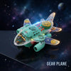 Transparent Gear Airplane Toy with colorful gears and lights, showcasing its interactive design in a cosmic background.