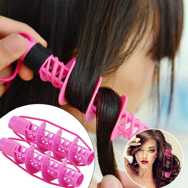 2 pcs DIY Styling Hairdressing Spiral Curler being used to create stylish curls in pink color.