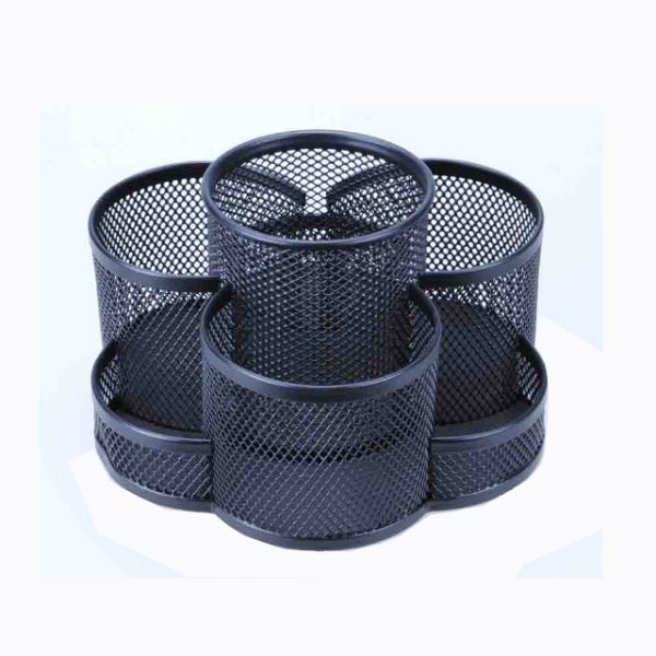 360 Rotating Wire Mesh Desk Organiser for Pens & Stationery in black wire mesh design, ideal for office organization.