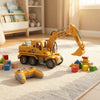 Remote Control Construction Vehicle Excavator Truck Play Set on a rug with colorful blocks and a remote controller.