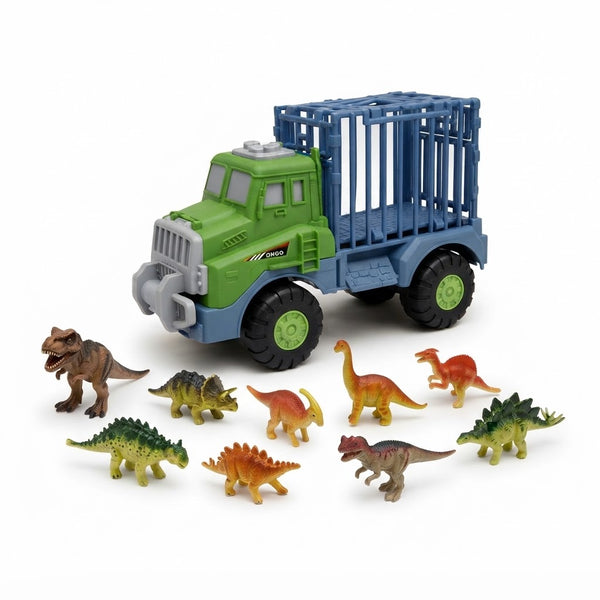 Dino Adventure Truck Toy Set with 8 Mini Dinosaur Figures with a truck and various colorful dinosaur figures.
