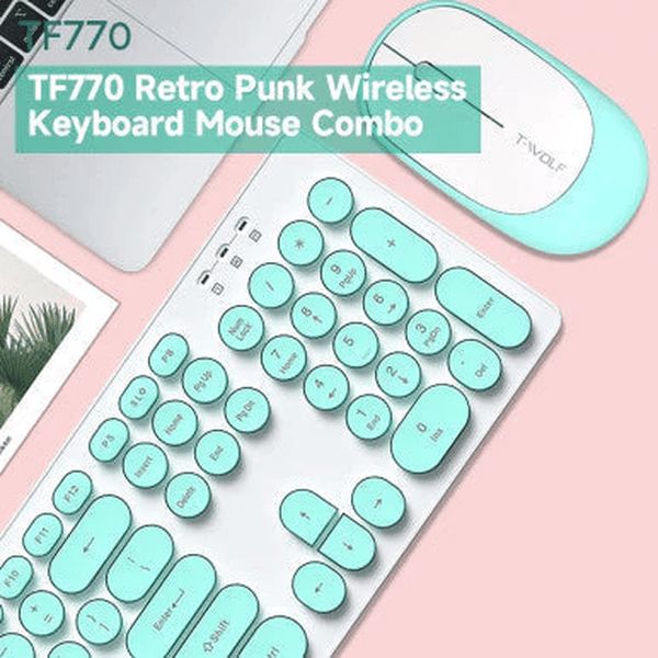2.4 G Wireless Keyboard & Mouse Set shown with TF770 Retro Punk Wireless Keyboard Mouse Combo on a pink background.