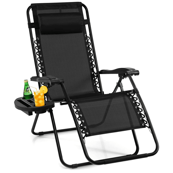 Deluxe Folding Lounger Chair with Headrest and Side Tray featuring a black design and built-in side tray with drinks.