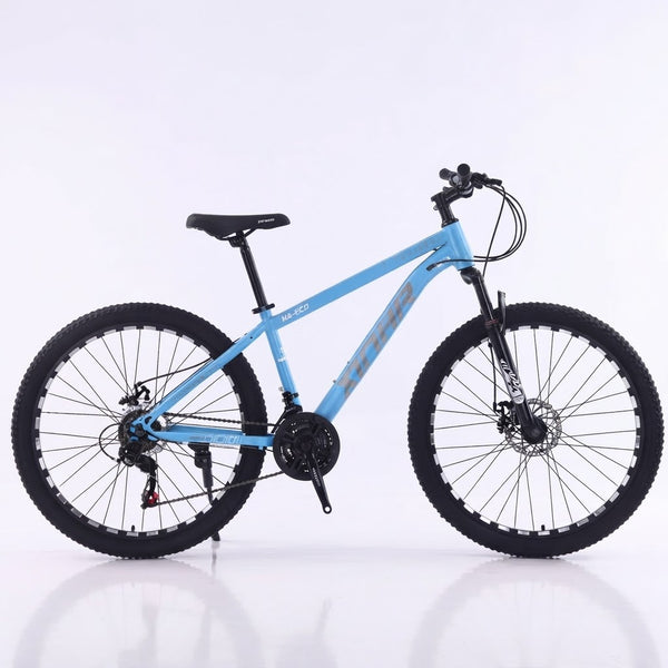 Mountain Bike with Suspension Fork & Triple Chainset in blue color, featuring durable alloy wheels and a front suspension fork.