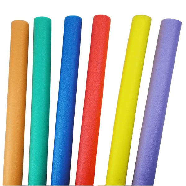 Colorful set of Small Pool Noodles for swimming, floating, and water games in various shades.