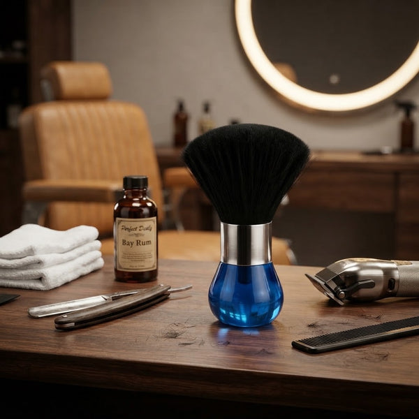 Blue and Black Barber Neck Duster Brush sitting on a barber's table beside grooming tools and Bay Rum.