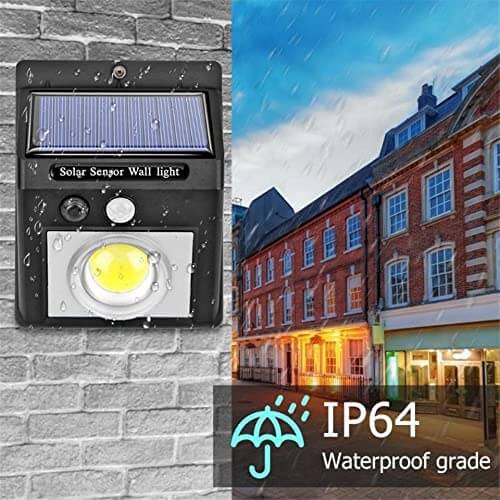 COB Solar Wall Light showcasing its solar sensor features and IP64 waterproof rating for outdoor use.