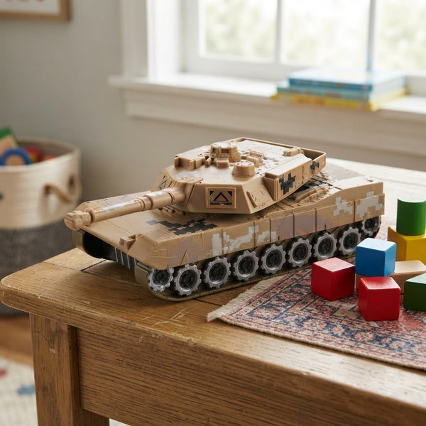 Big Tank Battery-Operated Toy with Light & Sound Effects on a table surrounded by building blocks.