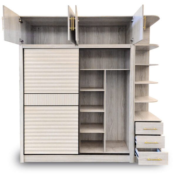 Modern Sliding Door Wall Storage Cabinet with shelves and drawers for organized storage in a sleek design.