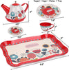 Floral 15-Piece Kids Tin Tea Set with Carrying Case including teapot, cups, plates, and tray.