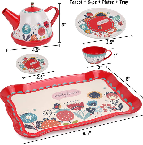Floral 15-Piece Kids Tin Tea Set with Carrying Case including teapot, cups, plates, and tray.