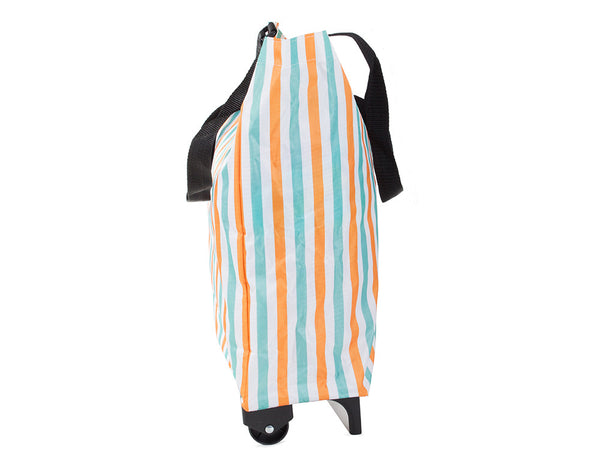 Foldable Shopping Trolley Bag with Wheels in colorful striped design, showing side view with strap and wheels.