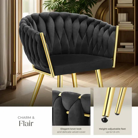 Braided Velvet Plush Fabric Dining Chair featuring elegant knot look and height-adjustable feet for modern comfort.
