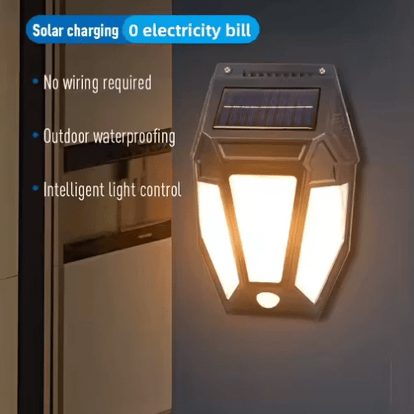 Solar Motion-Activated Wall Lamp features solar charging, waterproof design, and intelligent light control.