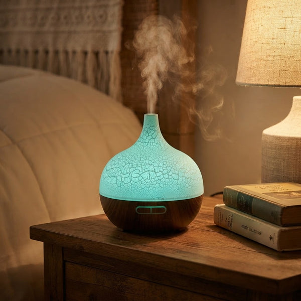 Ultrasonic Aroma Air Humidifier & Essential Oil Diffuser with ambient LED lighting and mist.