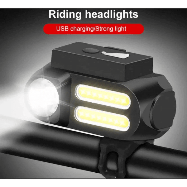 USB Rechargeable Waterproof Bike Light showcasing a strong light with USB charging for safe cycling.