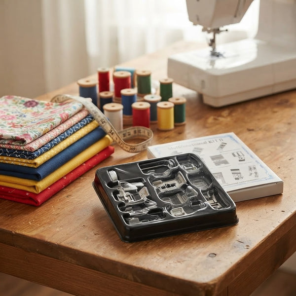 11-Piece Sewing Machine Presser Feet Kit displayed on a wooden table with fabric and sewing machine in the background.