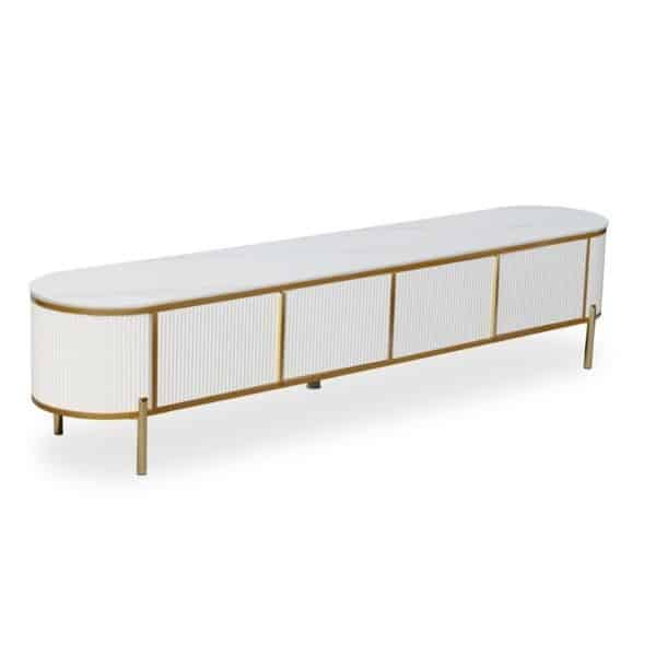 Fancy TV Stand with faux marble top and gold accents, designed for organized living room storage and decor.