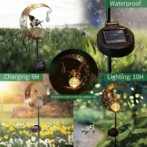 Angelic Solar Garden Light with Decorative Wind Chimes showcasing waterproof design, charging time, and ambient lighting features.