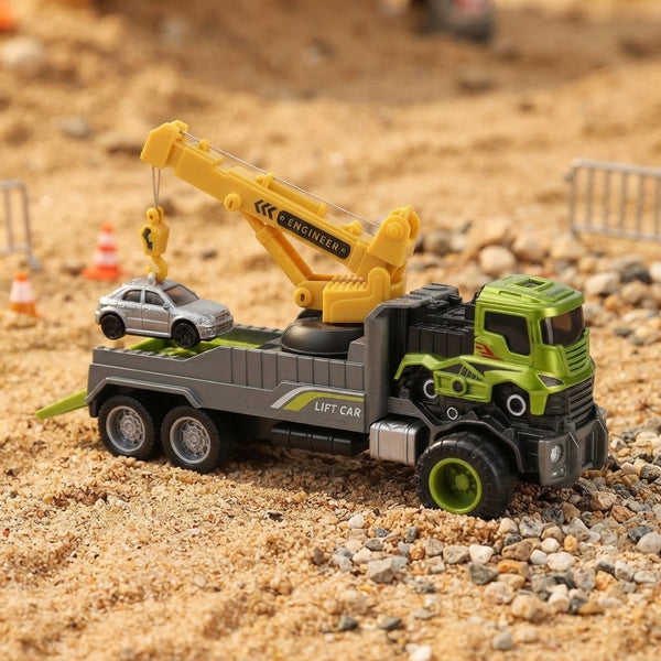 Alloy Rescue Vehicle Model Car Set featuring a truck with a crane lifting a miniature car in a sandy environment.