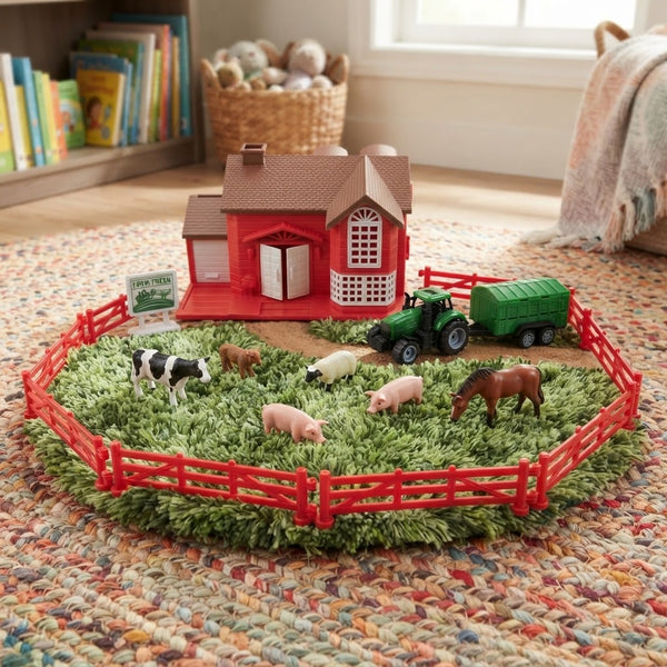 Happy Farm House Play Set featuring a toy farmhouse, animals, and a tractor on a green play mat.